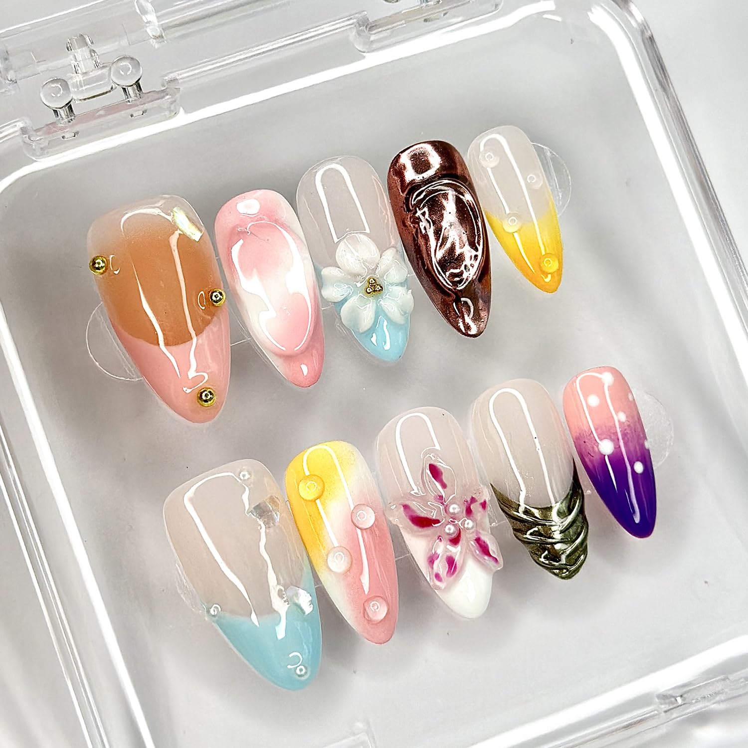 MABKJLF Luxury Press On Nails – Medium Almond, 3D Floral & Pearl Design, Reusable ABS Kit