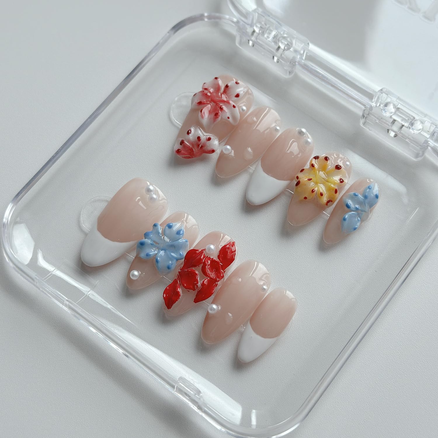 MABKJLF Luxury Press-On Nails – Medium Almond, White French Tip, 3D Design, Reusable ABS