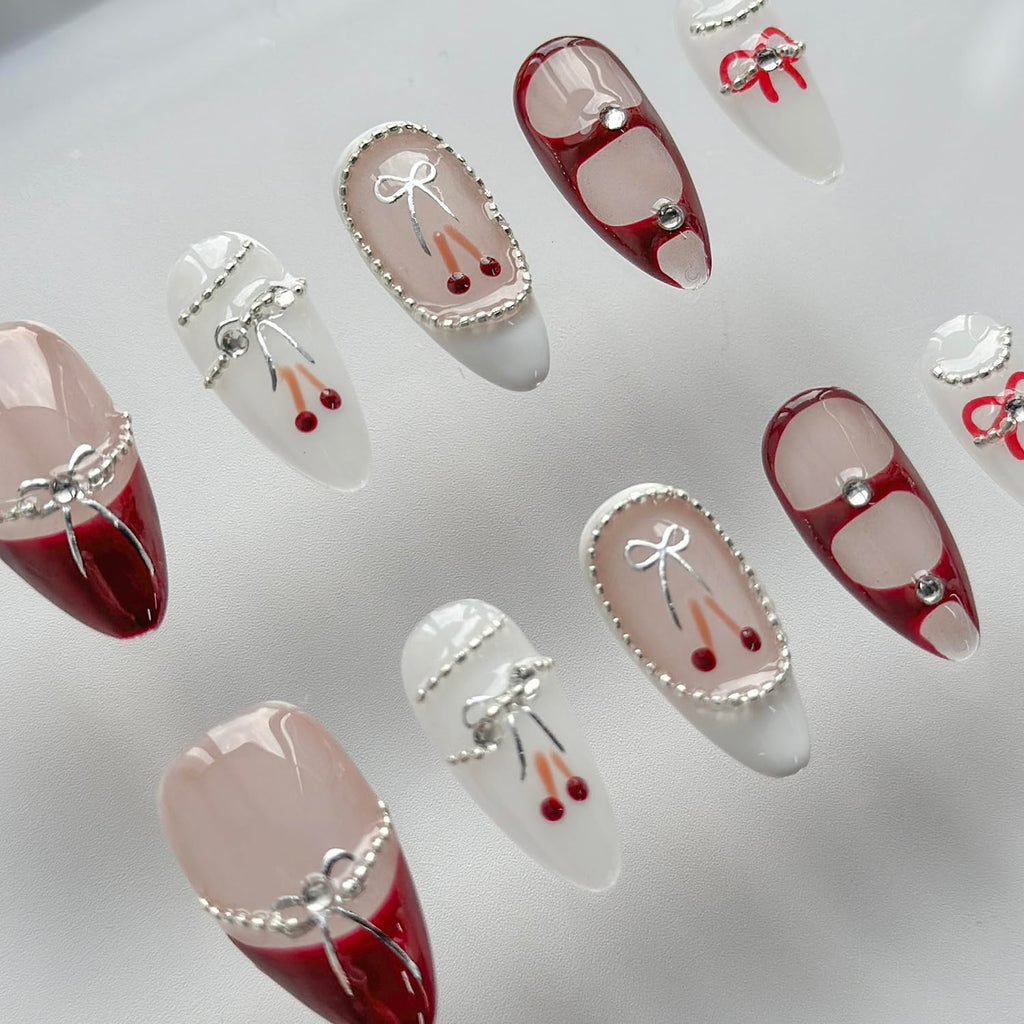 MABKJLF Luxury Press On Nails — Medium Almond, 3D Design, Reusable ABS, Glossy French Tip