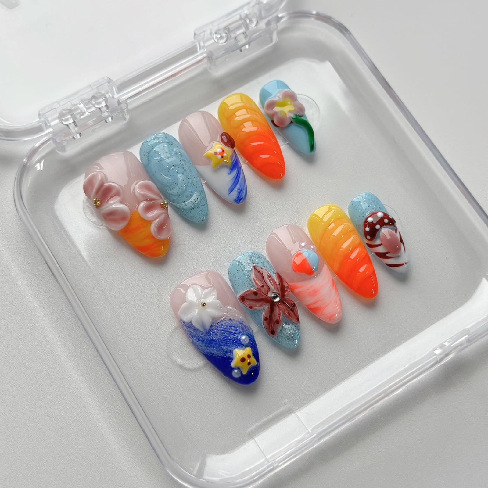MABKJLF Luxury Press On Nails – Medium Almond, 3D Handmade, Reusable ABS, French Tip