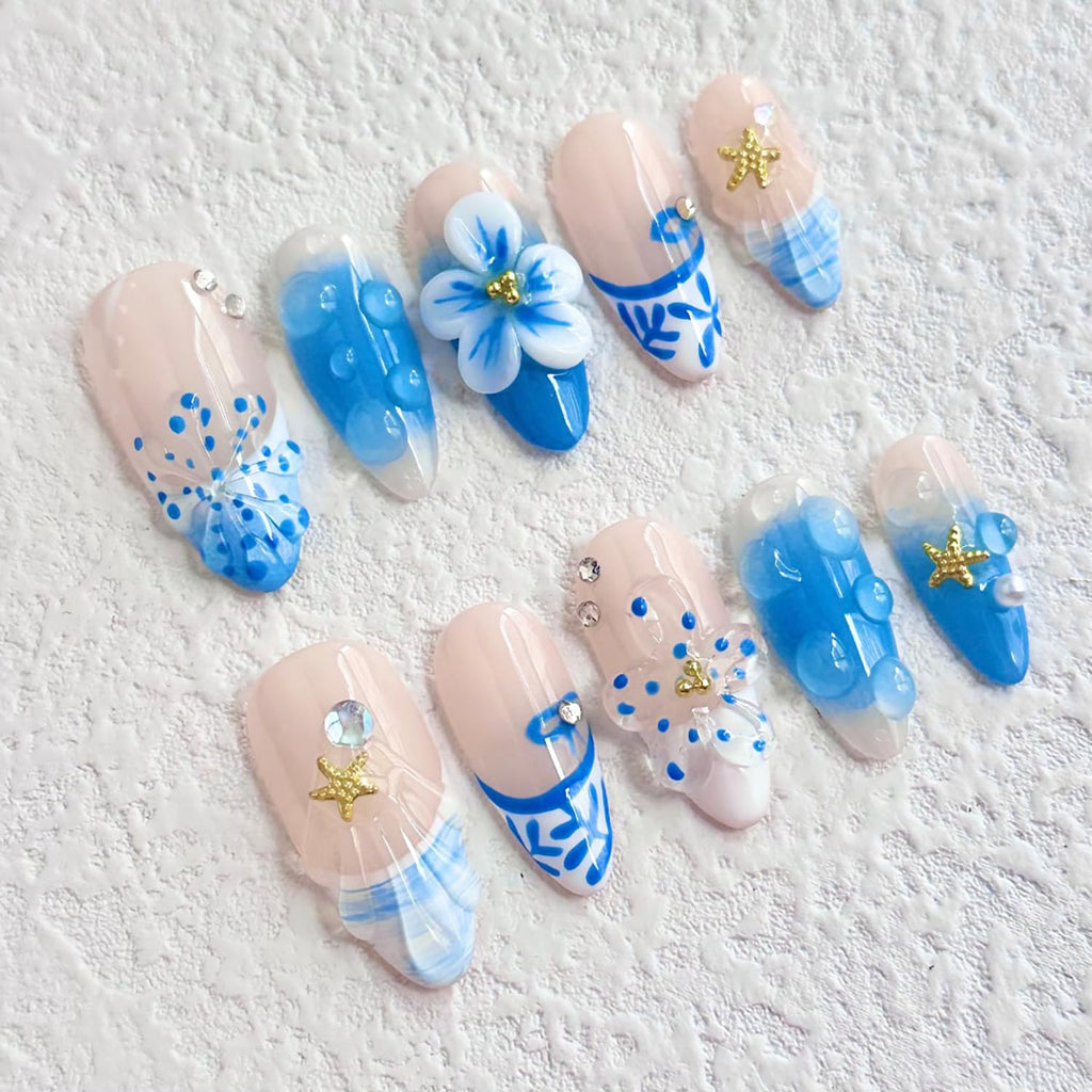 MABKJLF Luxury Press On Nails – Medium Almond, Blue French Tip, 3D Art