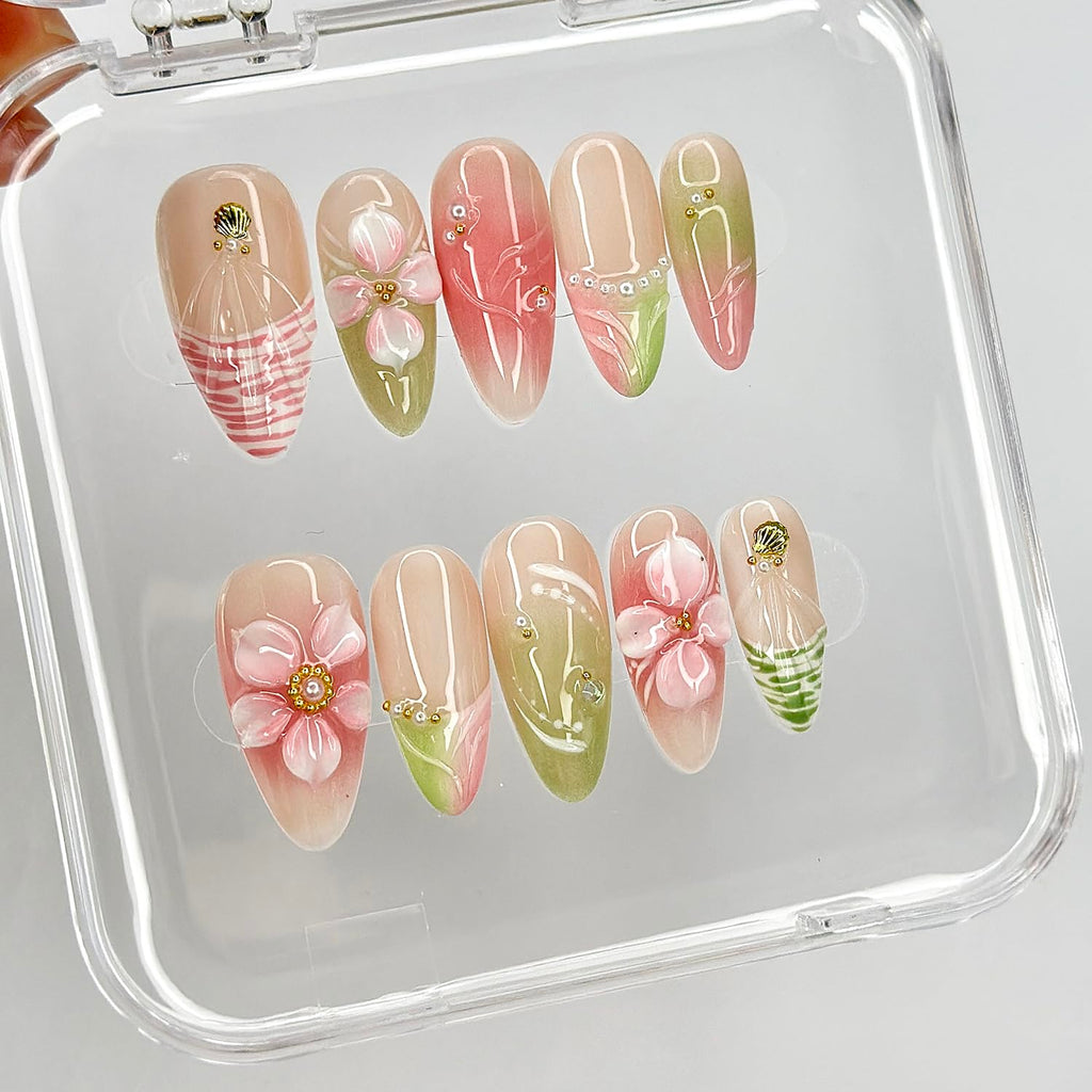 MABKJLF Luxury Press On Nails – Medium Almond French Tip, 3D Floral, Reusable ABS