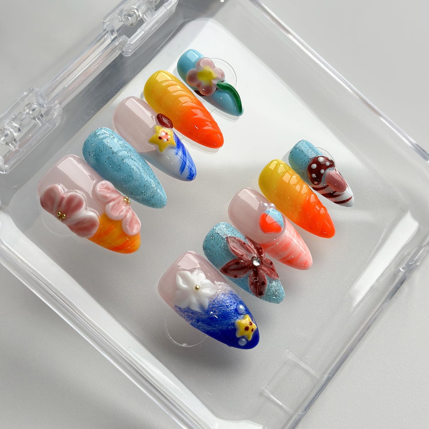 MABKJLF Luxury Press On Nails – Medium Almond, 3D Handmade, Reusable ABS, French Tip
