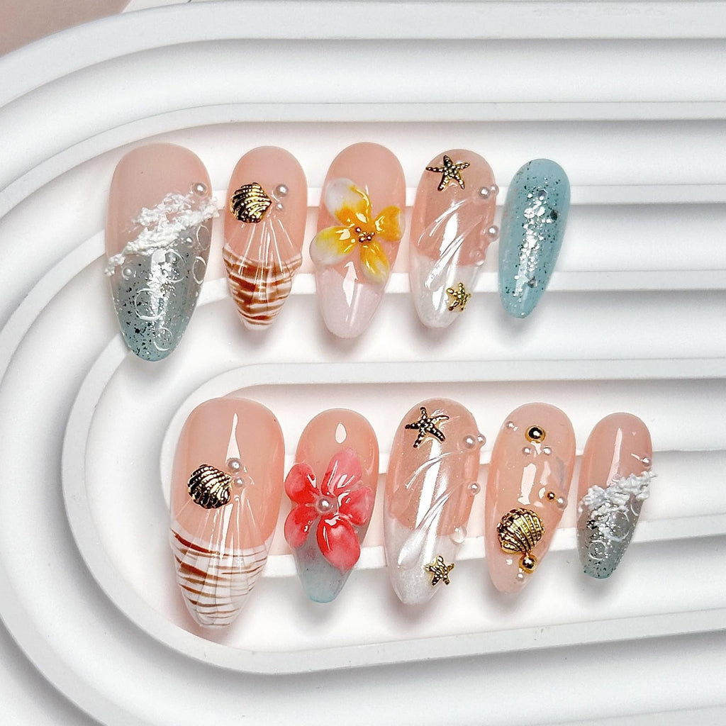 MABKJLF Luxury Press On Nails – Medium Almond French Tip, 3D Floral Design