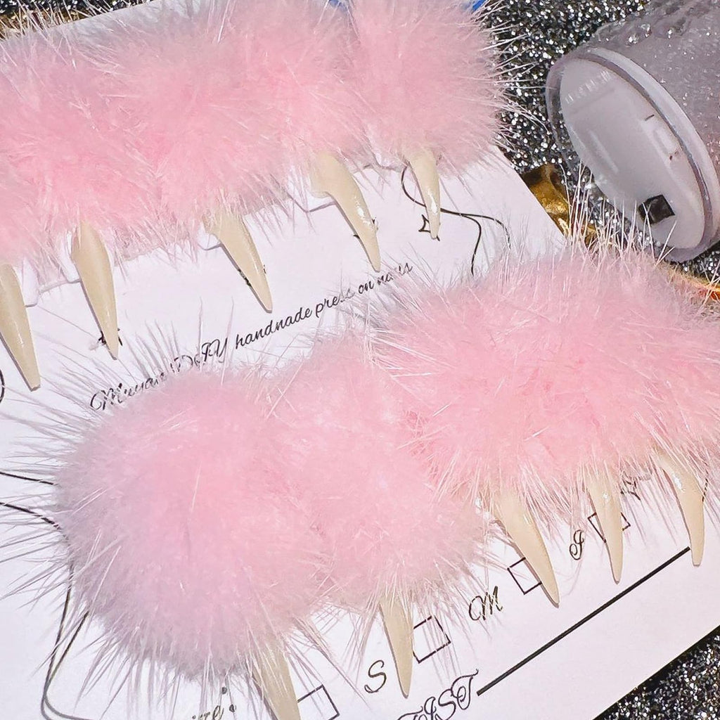 MABKJLF Halloween Press On Nails - Luxury Medium Stiletto Eagle Claw, Reusable ABS, Glossy Pink Fur