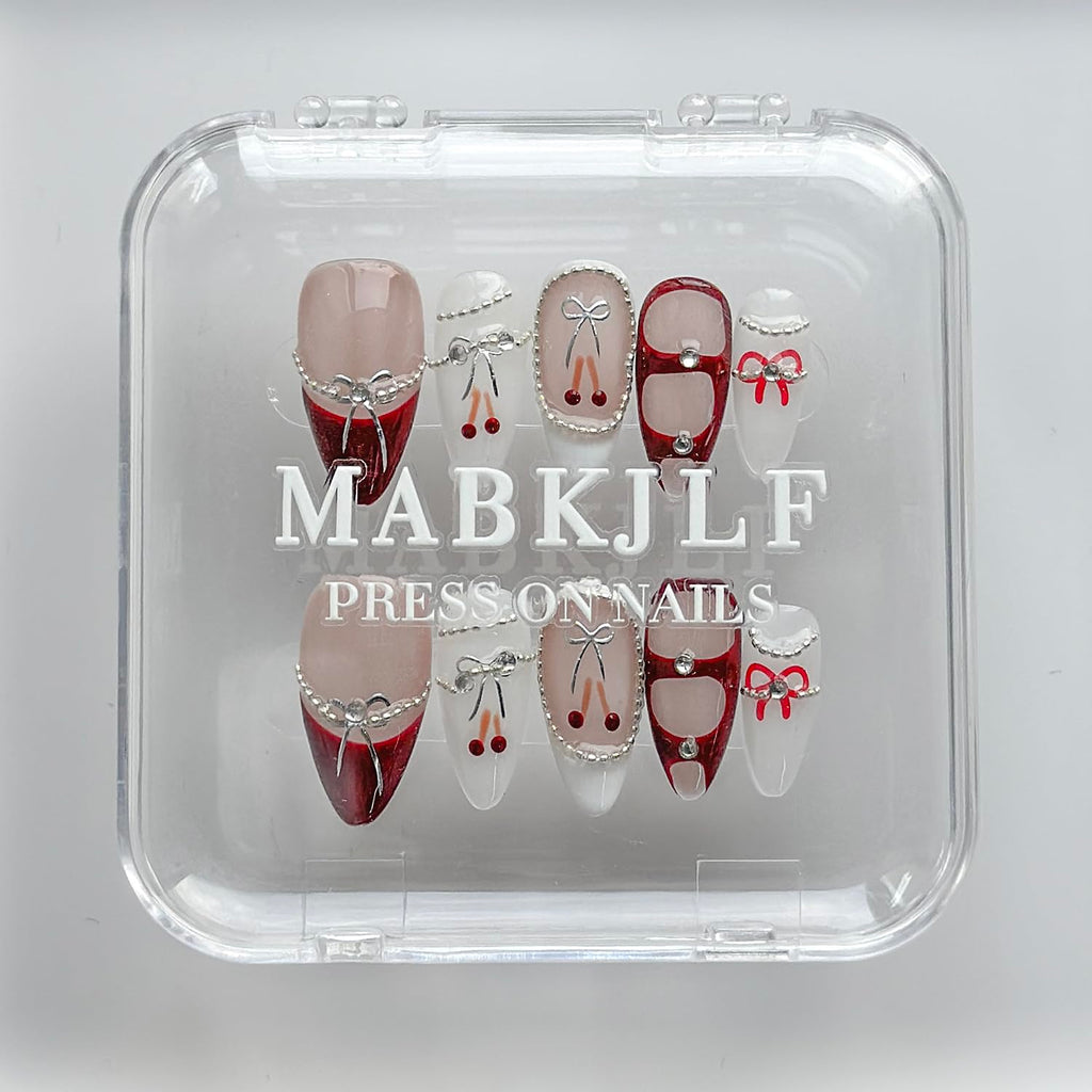 MABKJLF Luxury Press On Nails — Medium Almond, 3D Design, Reusable ABS, Glossy French Tip