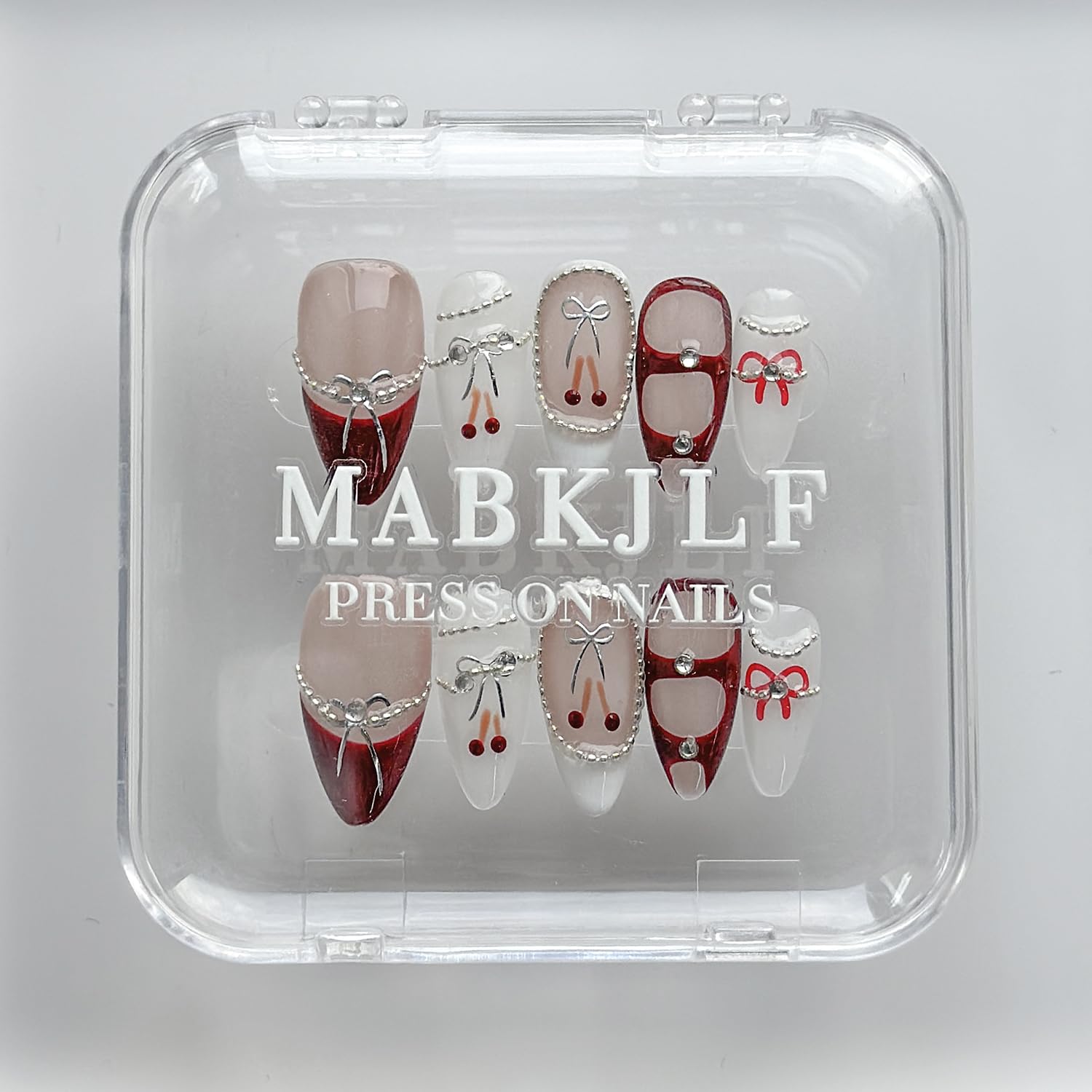 MABKJLF Luxury Press On Nails — Medium Almond, 3D Design, Reusable ABS, Glossy French Tip