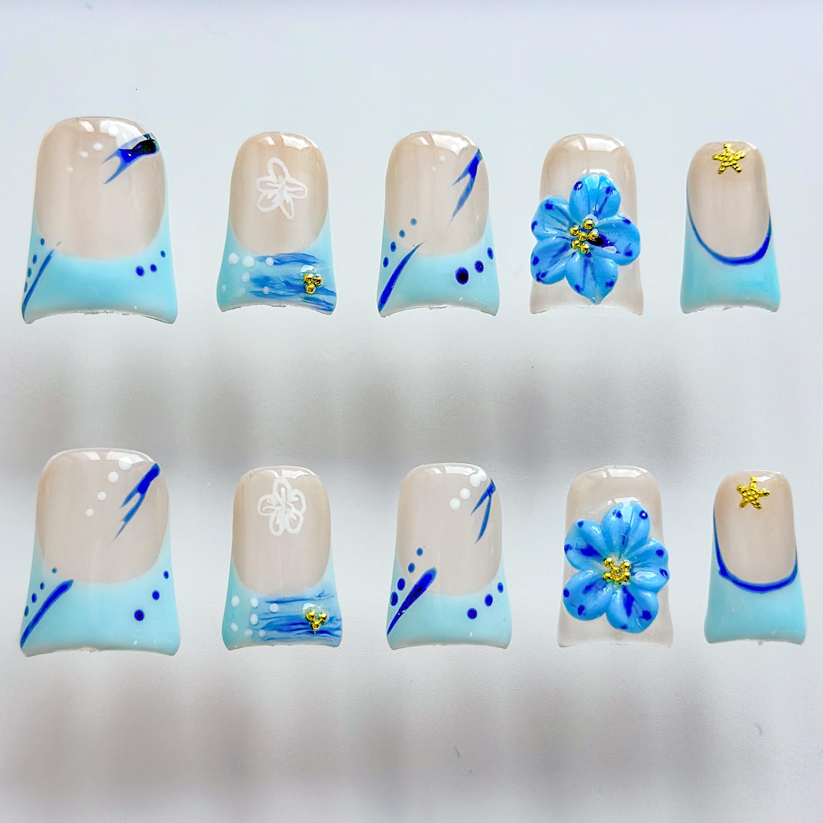 MABKJLF Luxury Press On Nails – Short Duck 3D Handmade, Reusable ABS, Blue French Tip