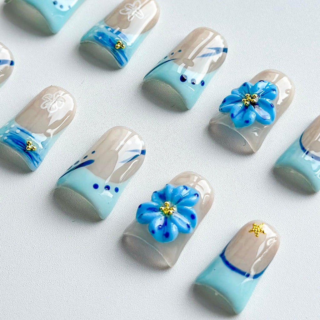 MABKJLF Luxury Press On Nails – Short Duck 3D Handmade, Reusable ABS, Blue French Tip