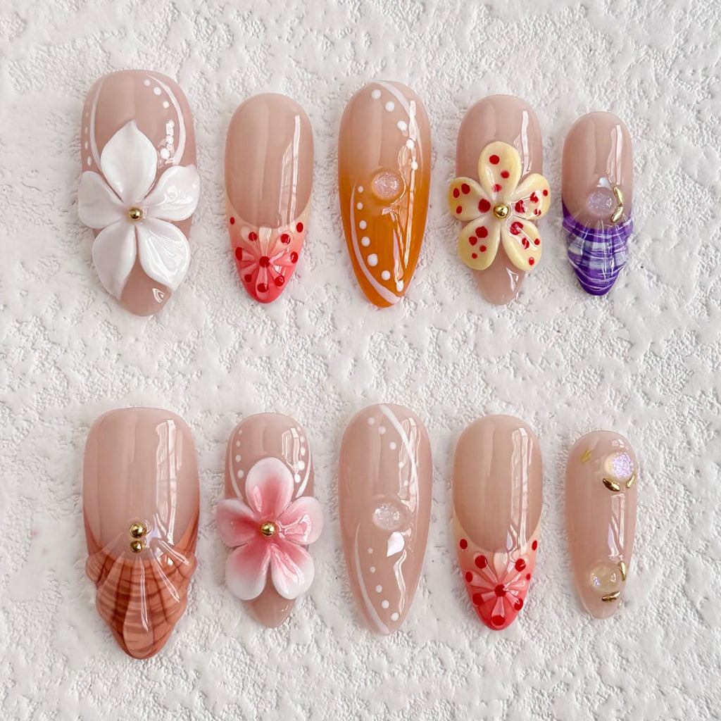 MABKJLF Luxury Press On Nails – Medium Almond, 3D Floral, Reusable ABS, Complete Nail Kit
