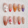 MABKJLF Luxury Press On Nails – Medium Almond, 3D Floral, Reusable ABS, Complete Nail Kit