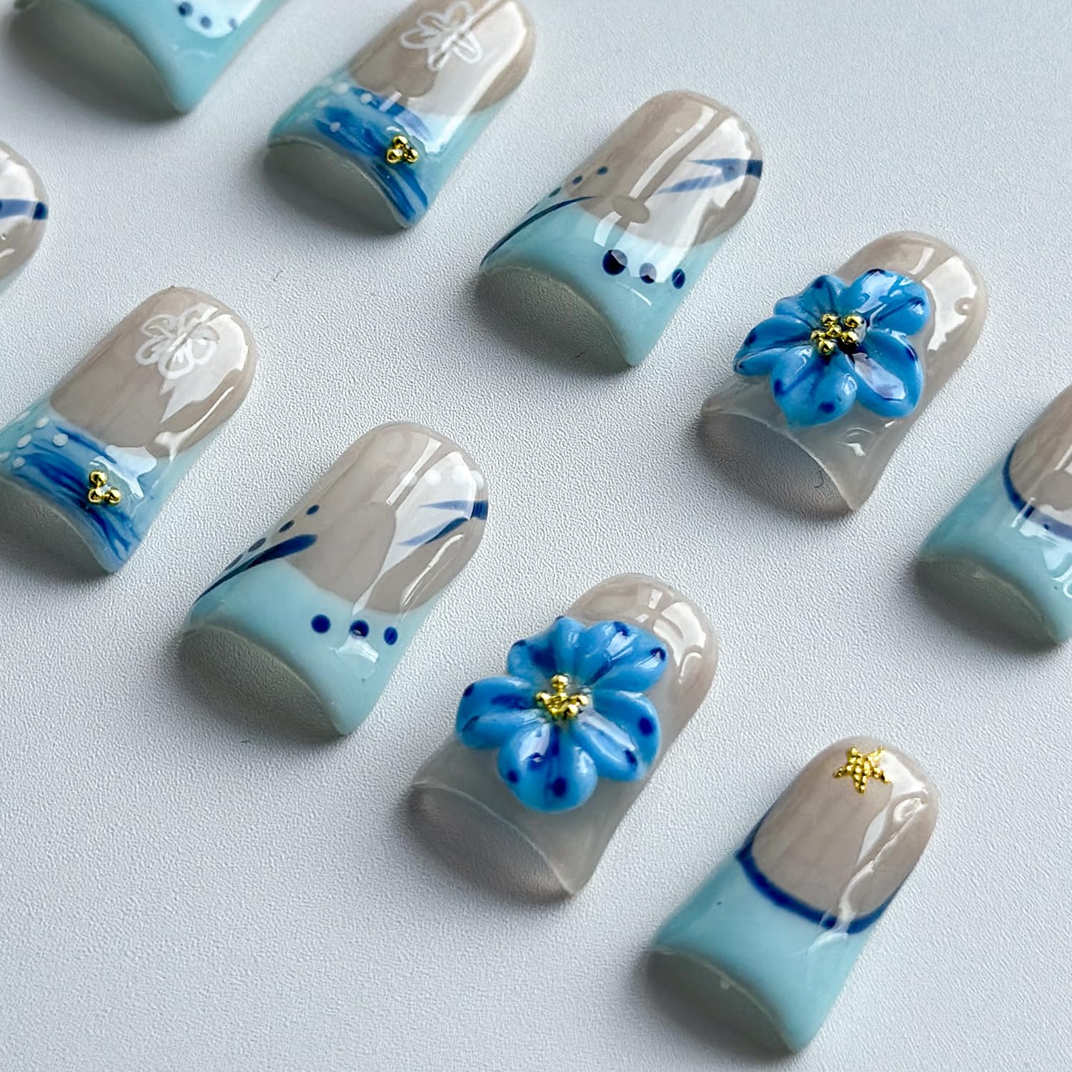 MABKJLF Luxury Press On Nails – Short Duck 3D Handmade, Reusable ABS, Blue French Tip