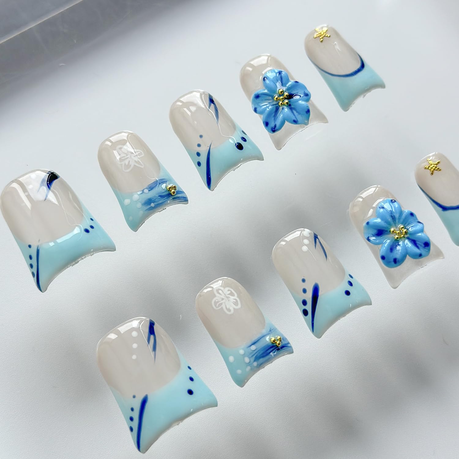 MABKJLF Luxury Press On Nails – Short Duck 3D Handmade, Reusable ABS, Blue French Tip