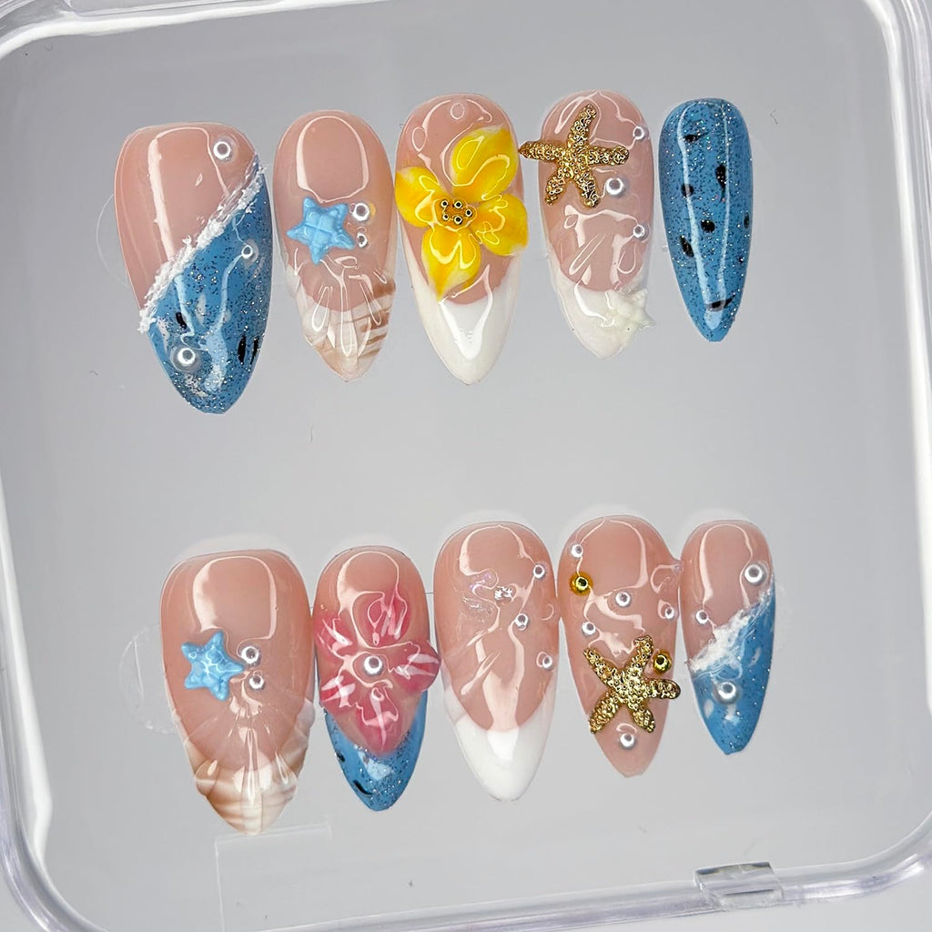 MABKJLF Luxury Press On Nails – Medium Almond 3D Handmade, Reusable ABS Kit