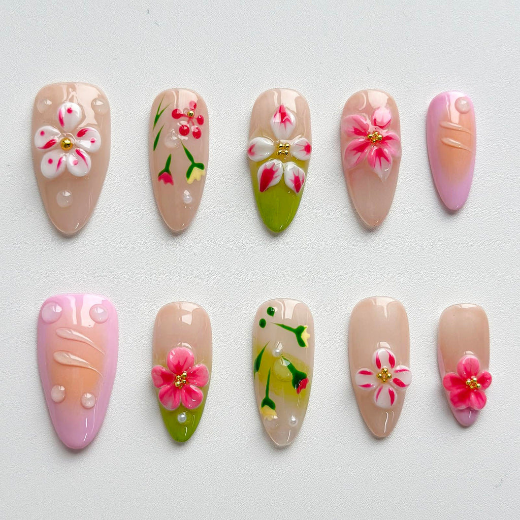 MABKJLF Luxury Press On Nails – Medium Almond, 3D Design, Reusable ABS, Complete Nail Kit
