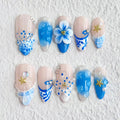 MABKJLF Luxury Press On Nails – Medium Almond, Blue French Tip, 3D Art