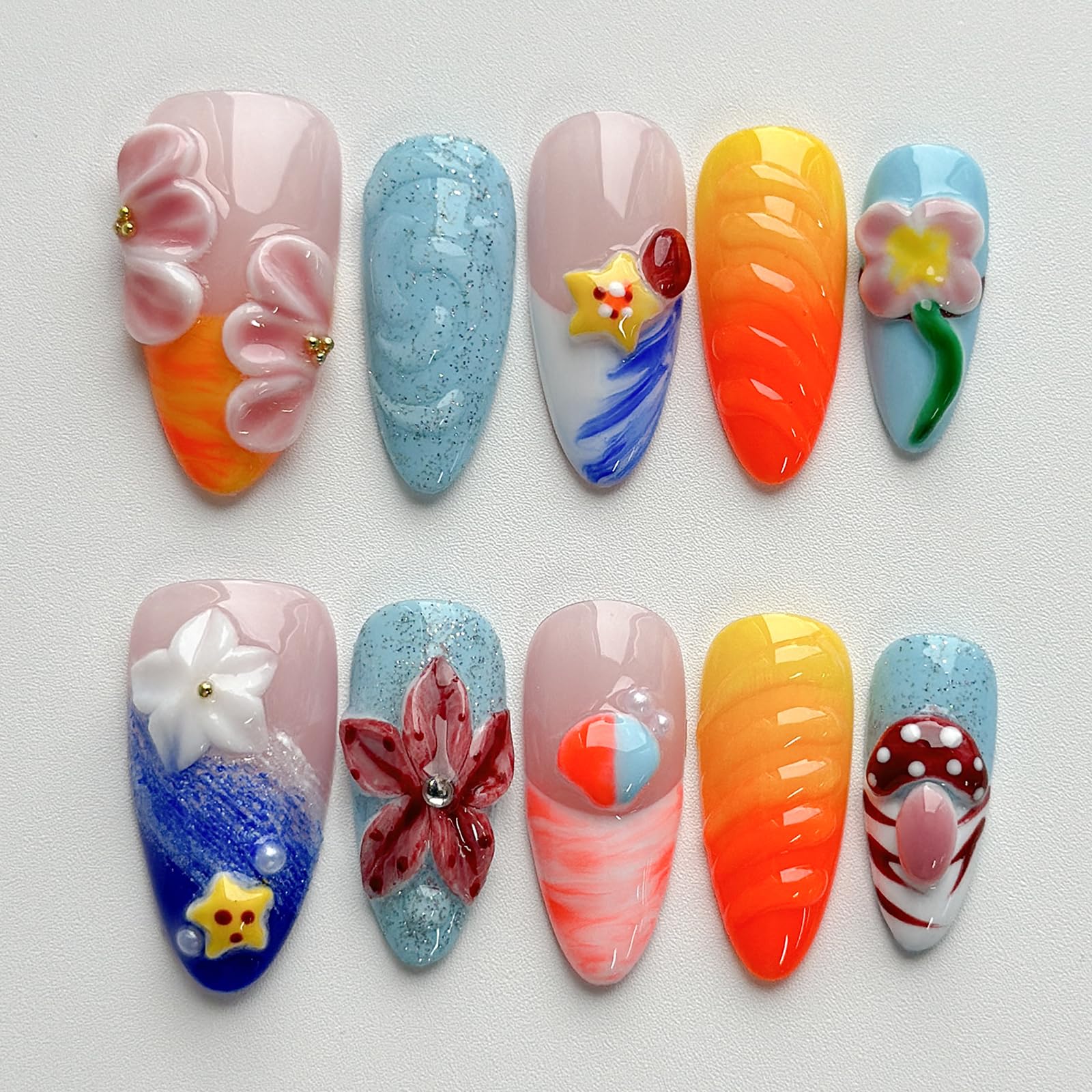 MABKJLF Luxury Press On Nails – Medium Almond, 3D Handmade, Reusable ABS, French Tip
