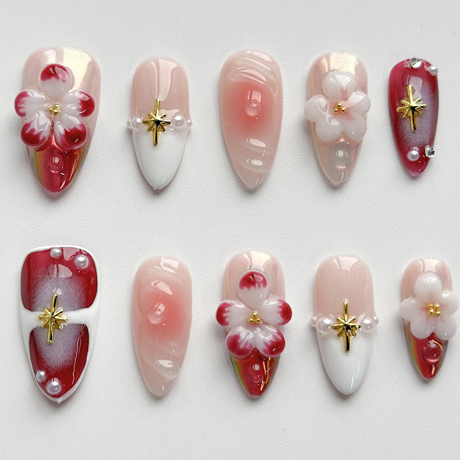 MABKJLF Luxury Press On Nails – Medium Almond, 3D Design, Reusable ABS, Chrome French Tip