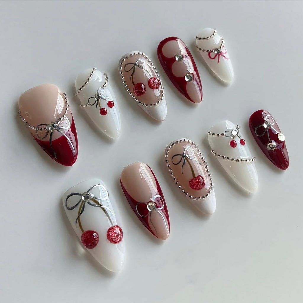 MABKJLF Luxury Press On Nails — Medium Almond, 3D Design, Reusable ABS, Glossy French Tip