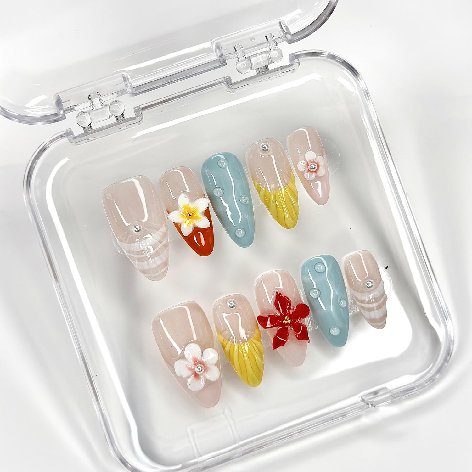 MABKJLF Luxury Press On Nails – Medium Almond French Tip, 3D Floral & Pearl Design, Reusable ABS Kit