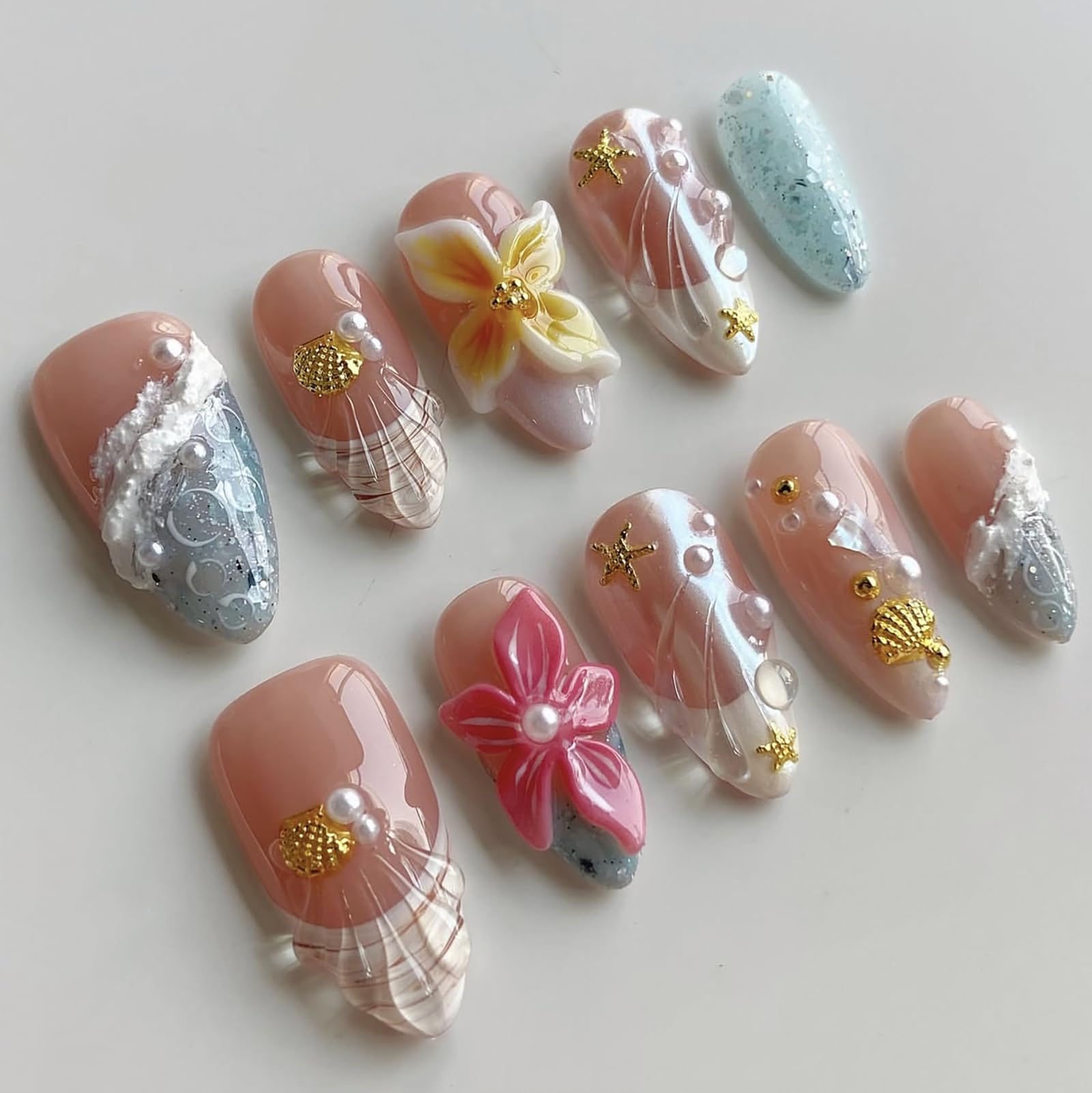 MABKJLF Luxury Press On Nails – Medium Almond French Tip, 3D Plumeria Floral, Reusable ABS Kit