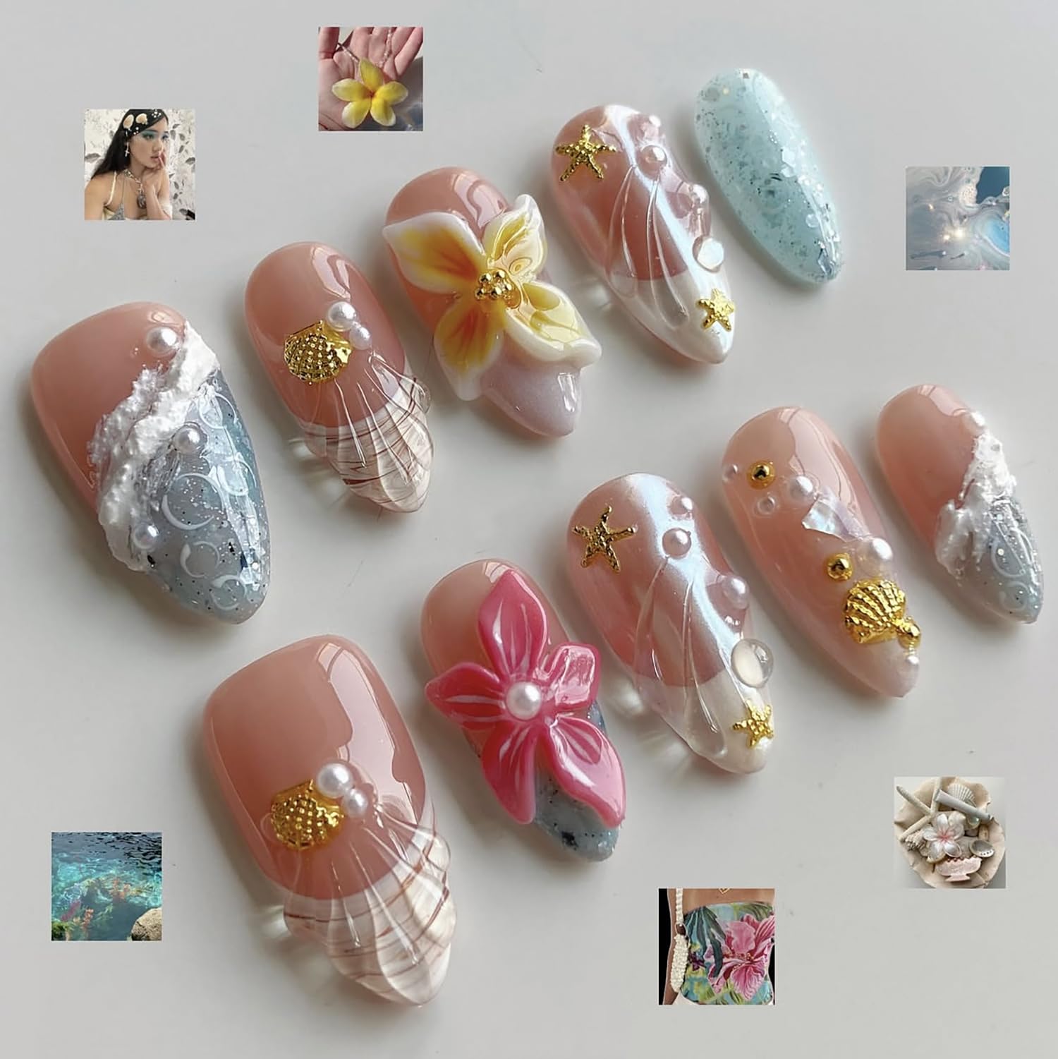 MABKJLF Luxury Press On Nails – Medium Almond French Tip, 3D Plumeria Floral, Reusable ABS Kit