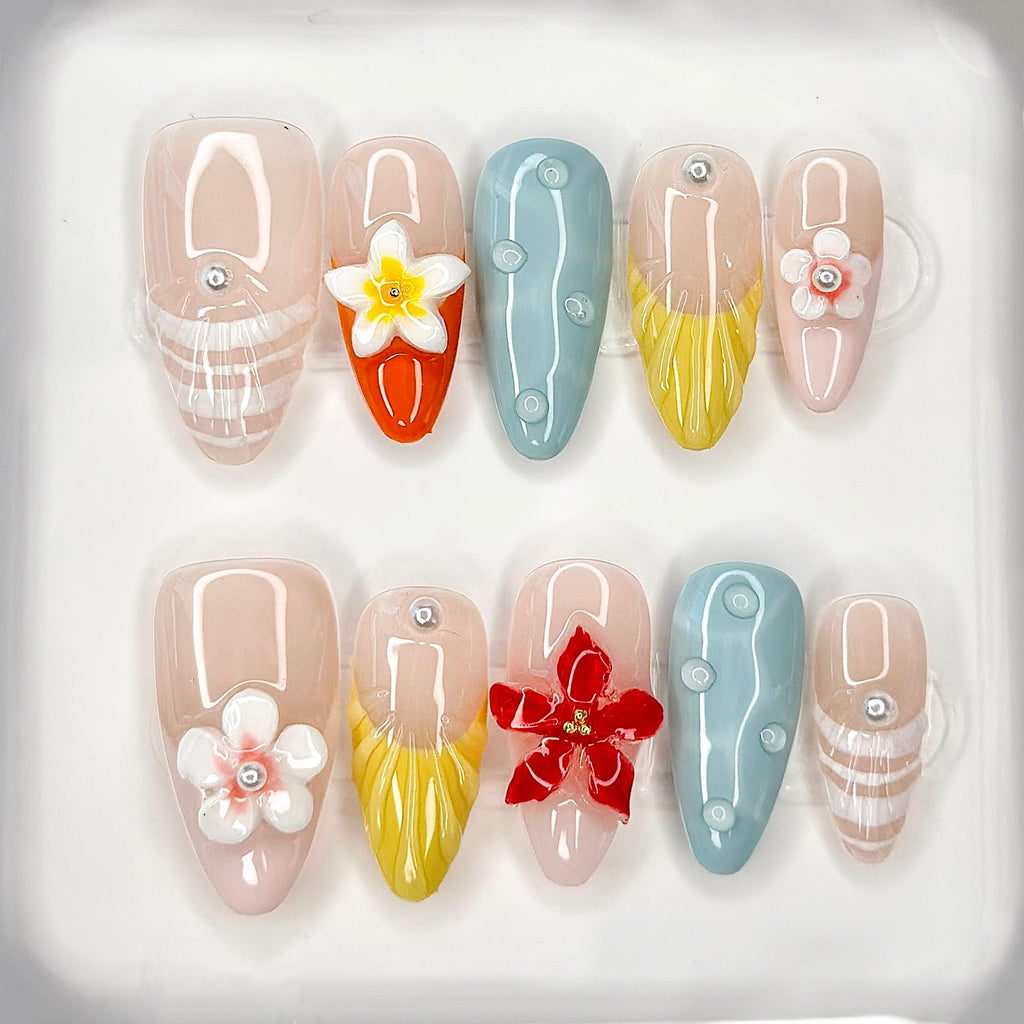 MABKJLF Luxury Press On Nails – Medium Almond French Tip, 3D Floral & Pearl Design, Reusable ABS Kit