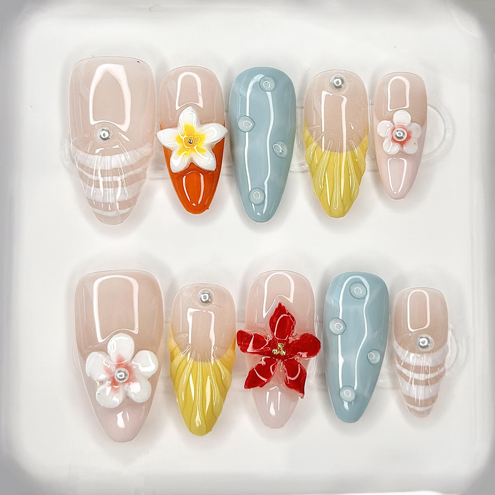 MABKJLF Luxury Press On Nails – Medium Almond French Tip, 3D Floral & Pearl Design, Reusable ABS Kit