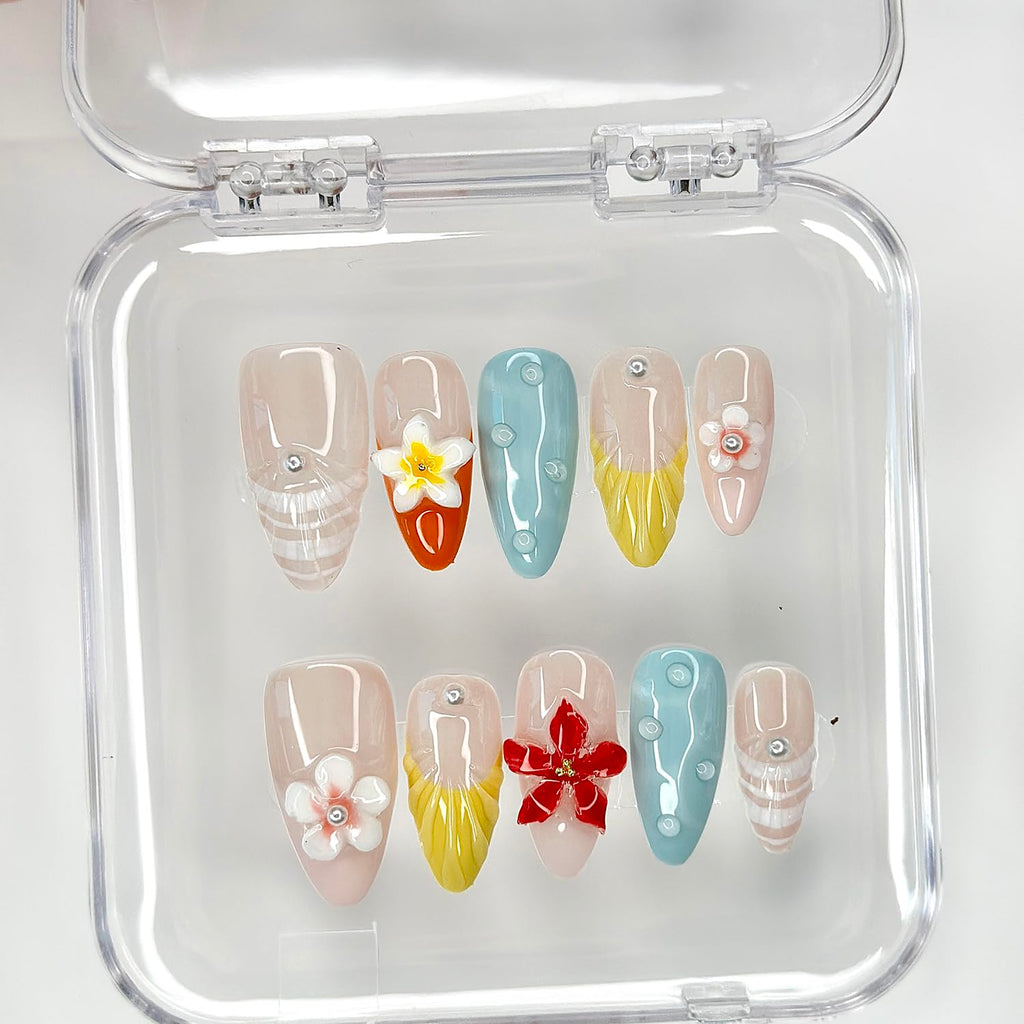 MABKJLF Luxury Press On Nails – Medium Almond French Tip, 3D Floral & Pearl Design, Reusable ABS Kit