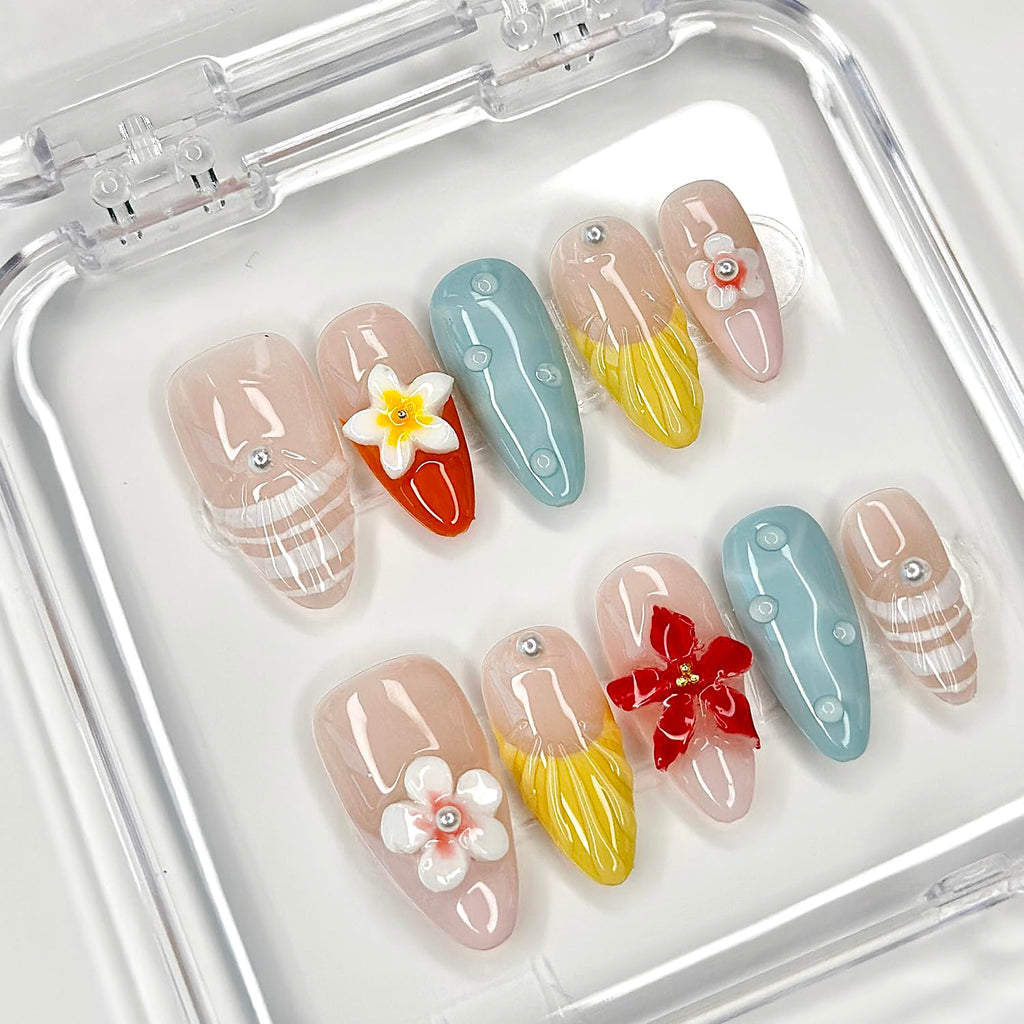 MABKJLF Luxury Press On Nails – Medium Almond French Tip, 3D Floral & Pearl Design, Reusable ABS Kit