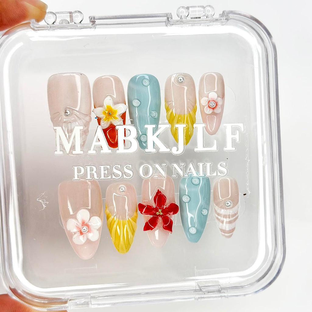 MABKJLF Luxury Press On Nails – Medium Almond French Tip, 3D Floral & Pearl Design, Reusable ABS Kit