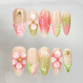 MABKJLF Luxury Press On Nails – Medium Almond French Tip, 3D Floral, Reusable ABS