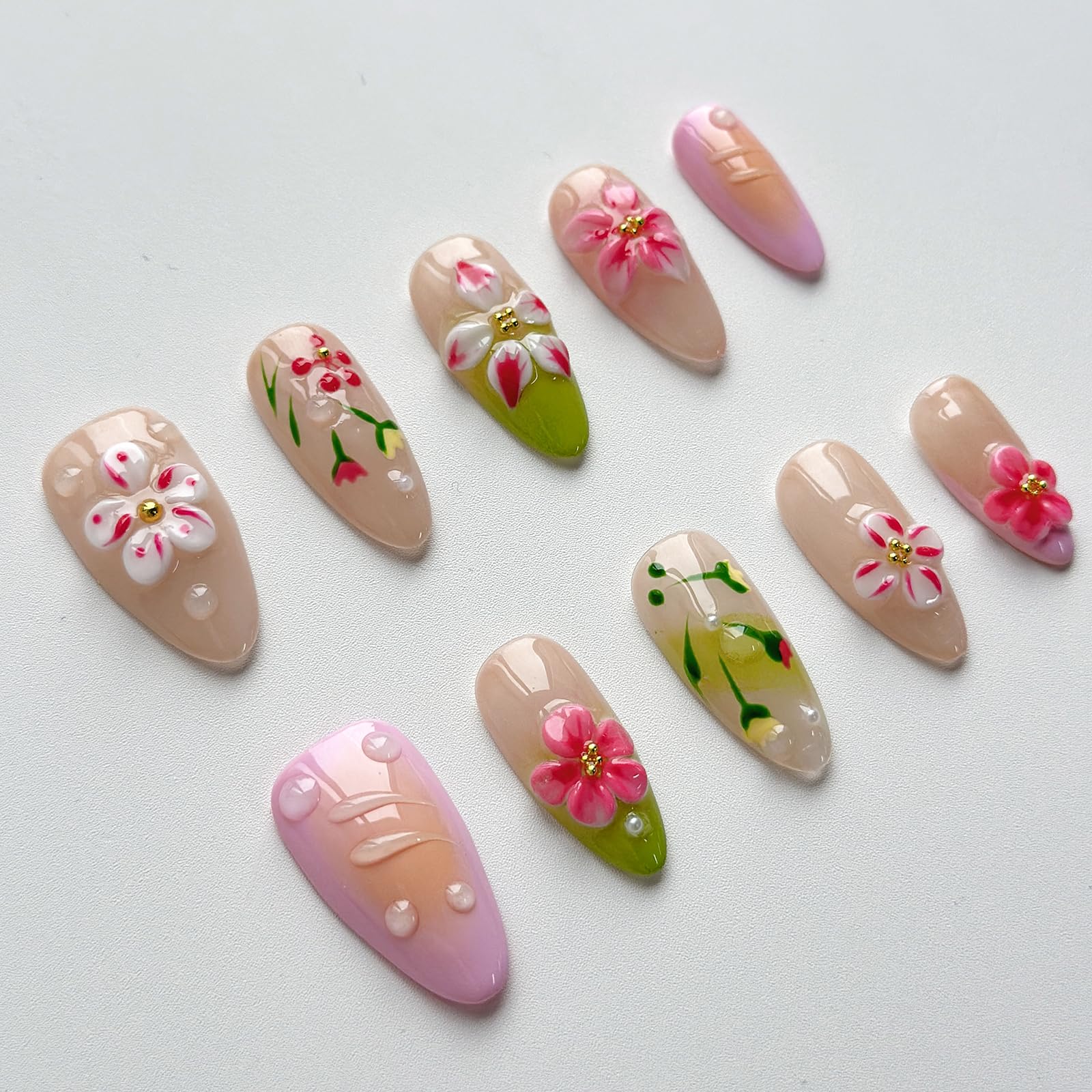 MABKJLF Luxury Press On Nails – Medium Almond, 3D Design, Reusable ABS, Complete Nail Kit
