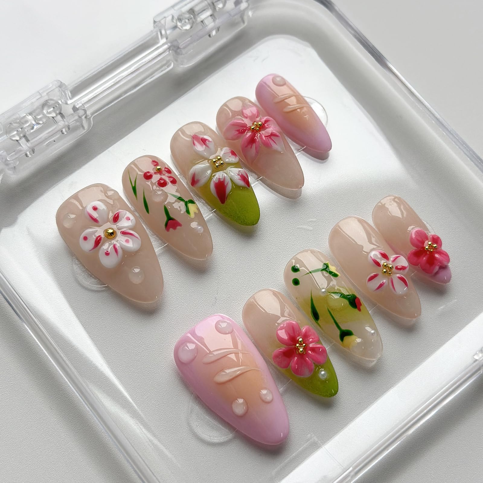 MABKJLF Luxury Press On Nails – Medium Almond, 3D Design, Reusable ABS, Complete Nail Kit