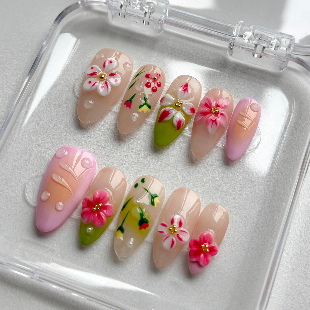 MABKJLF Luxury Press On Nails – Medium Almond, 3D Design, Reusable ABS, Complete Nail Kit