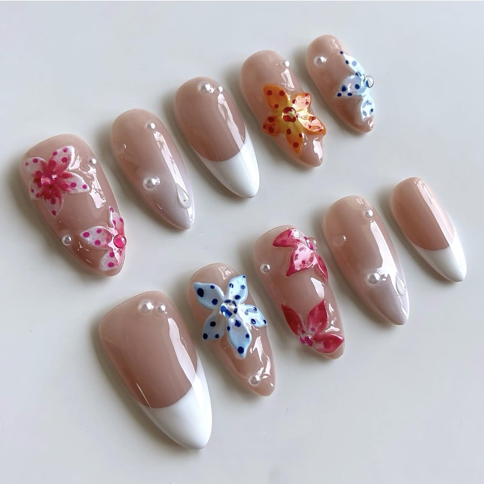 MABKJLF Luxury Press-On Nails – Medium Almond, White French Tip, 3D Design, Reusable ABS