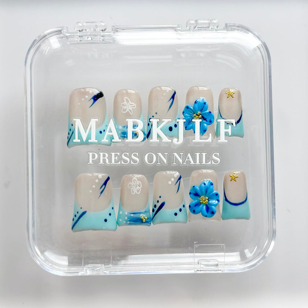MABKJLF Luxury Press On Nails – Short Duck 3D Handmade, Reusable ABS, Blue French Tip