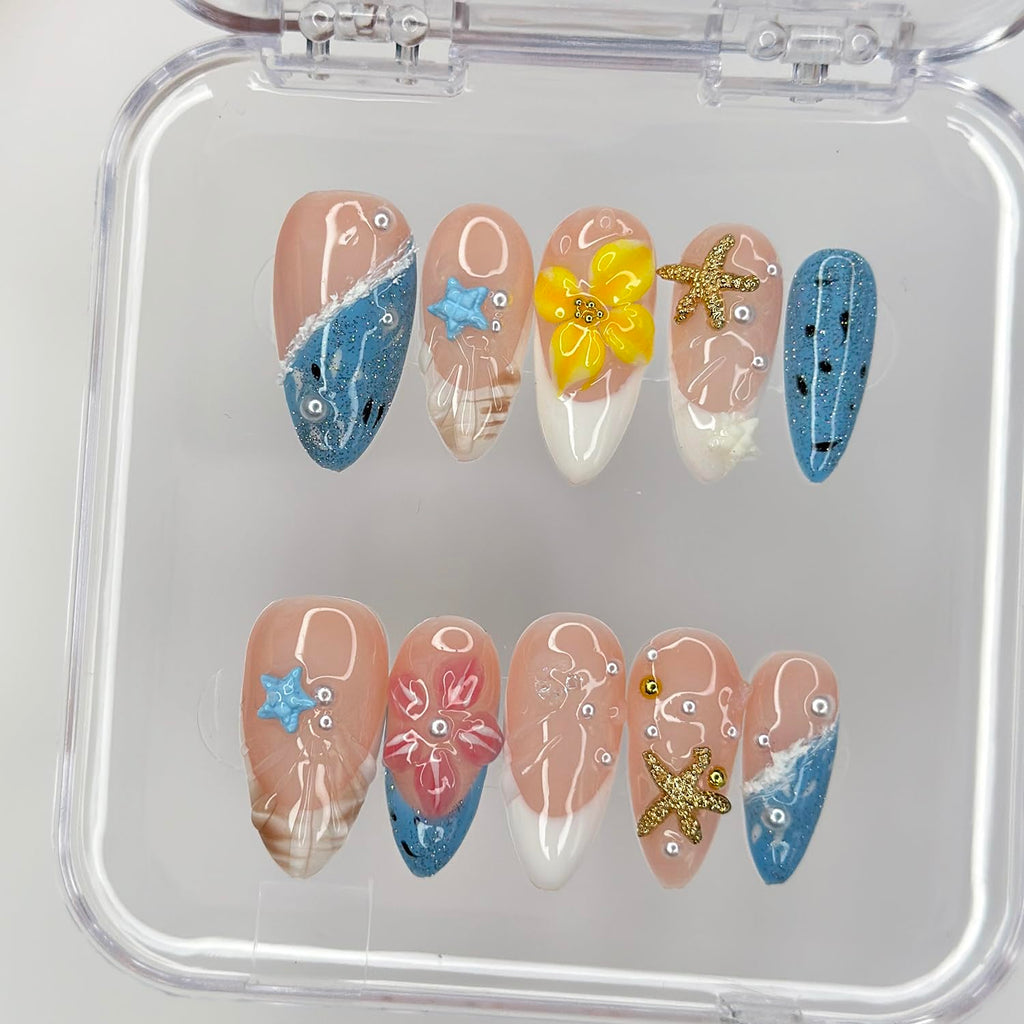 MABKJLF Luxury Press On Nails – Medium Almond 3D Handmade, Reusable ABS Kit