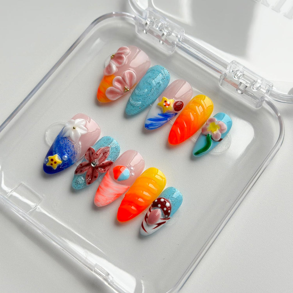 MABKJLF Luxury Press On Nails – Medium Almond, 3D Handmade, Reusable ABS, French Tip