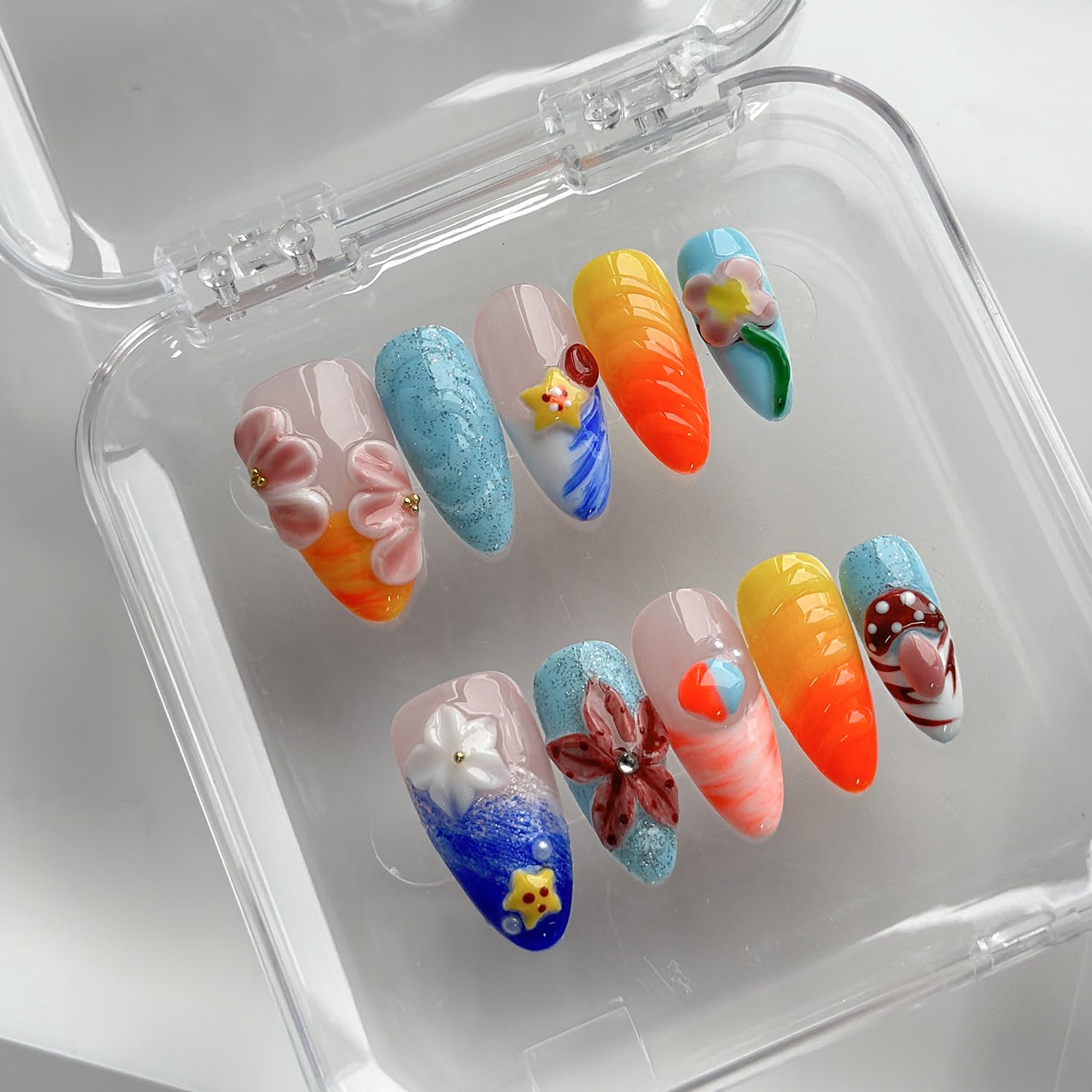 MABKJLF Luxury Press On Nails – Medium Almond, 3D Handmade, Reusable ABS, French Tip
