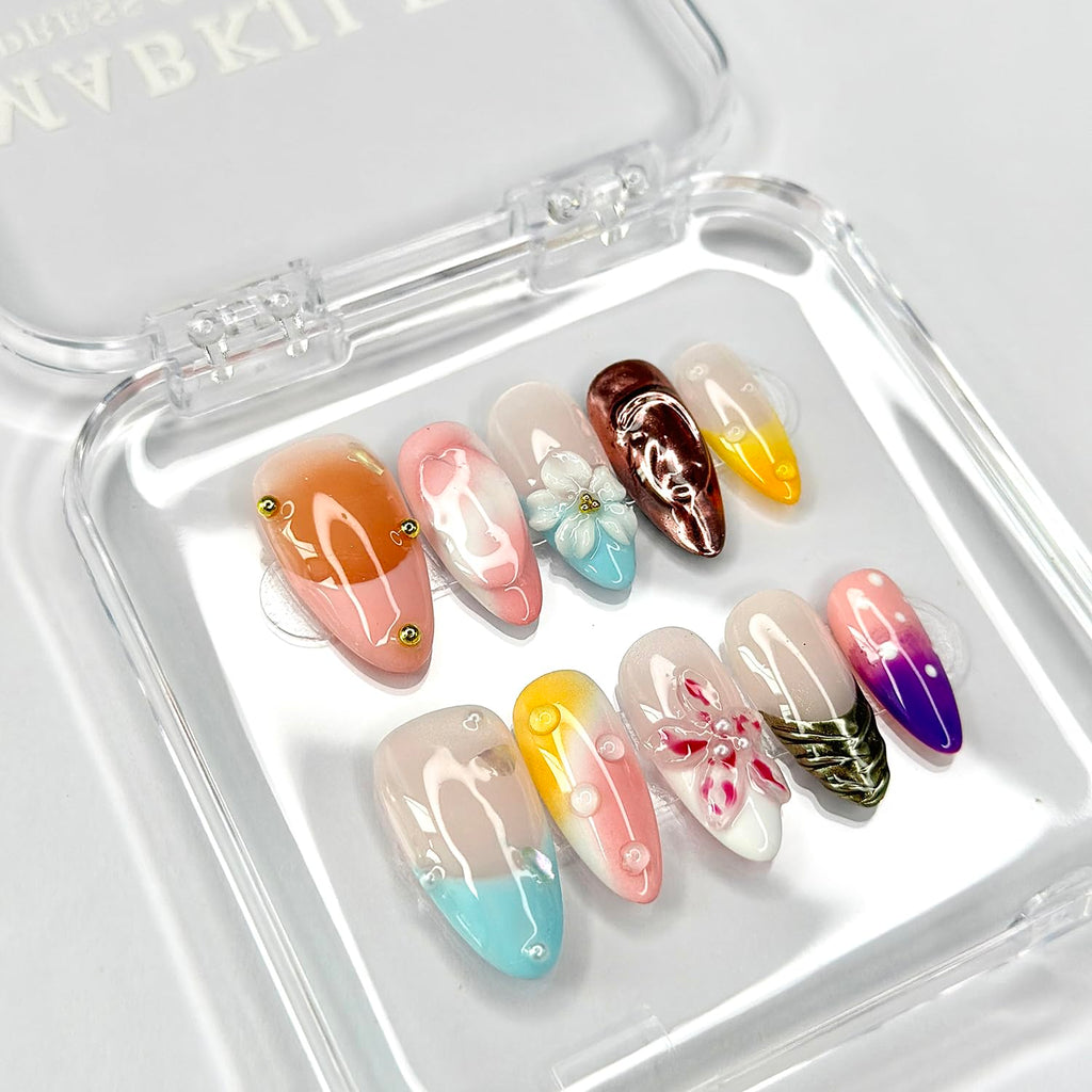 MABKJLF Luxury Press On Nails – Medium Almond, 3D Floral & Pearl Design, Reusable ABS Kit