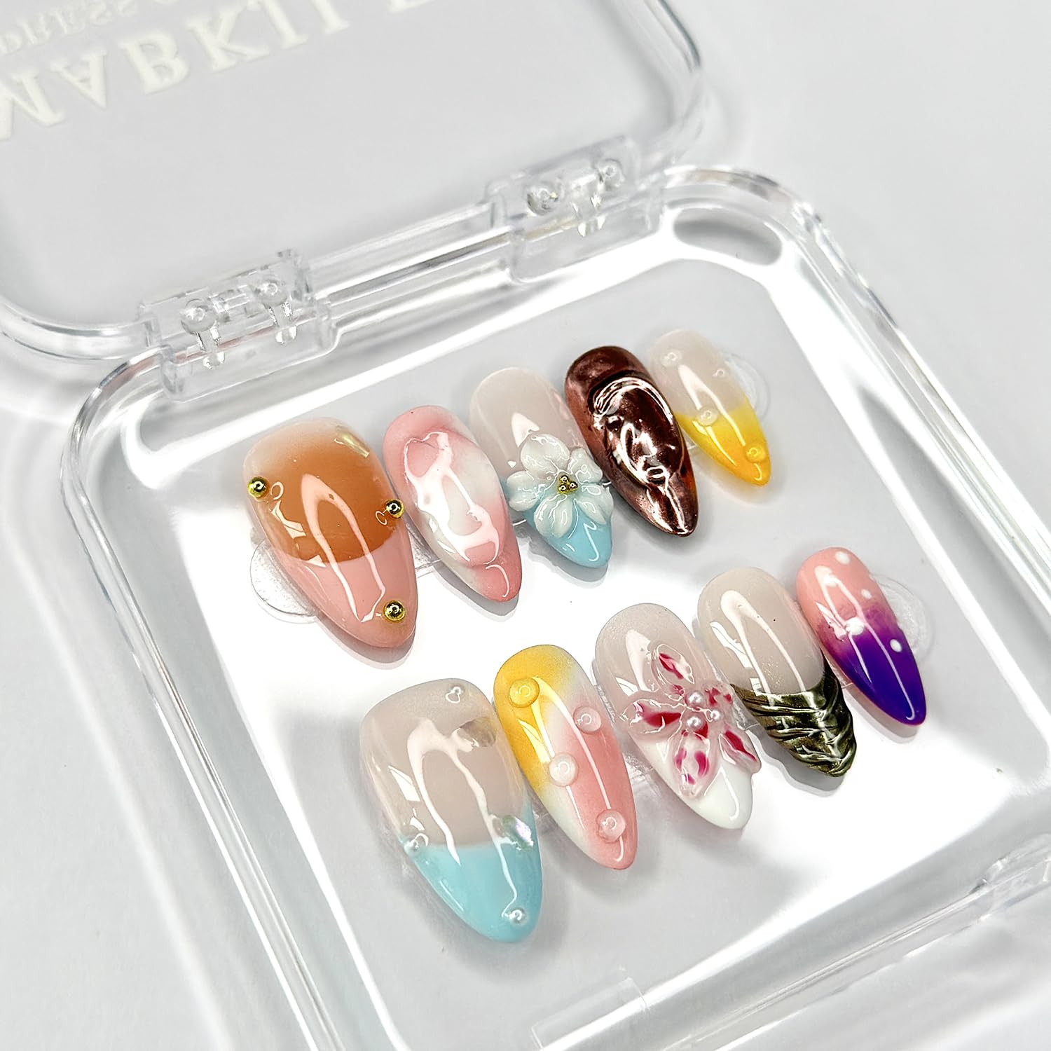 MABKJLF Luxury Press On Nails – Medium Almond, 3D Floral & Pearl Design, Reusable ABS Kit