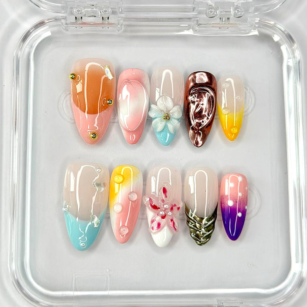 MABKJLF Luxury Press On Nails – Medium Almond, 3D Floral & Pearl Design, Reusable ABS Kit