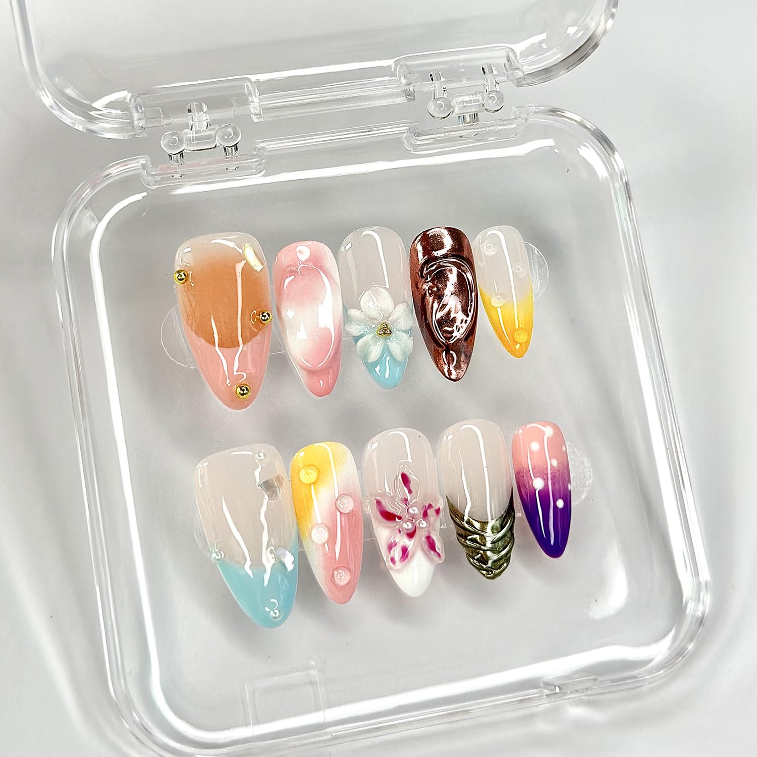 MABKJLF Luxury Press On Nails – Medium Almond, 3D Floral & Pearl Design, Reusable ABS Kit