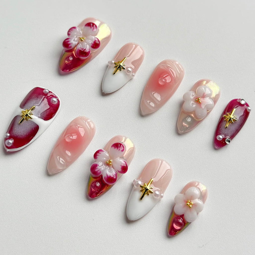 MABKJLF Luxury Press On Nails – Medium Almond, 3D Design, Reusable ABS, Chrome French Tip