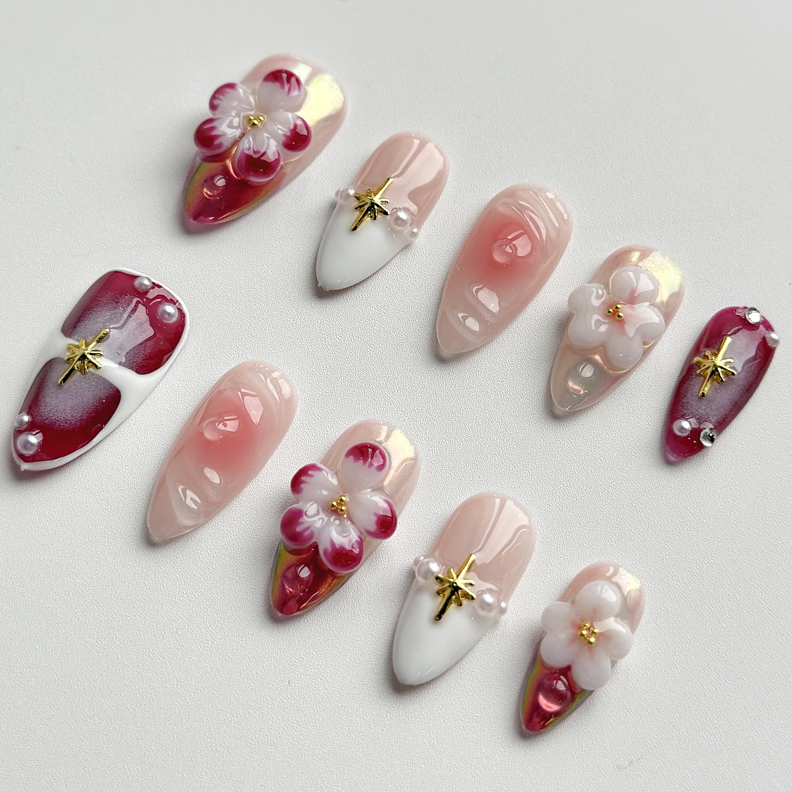 MABKJLF Luxury Press On Nails – Medium Almond, 3D Design, Reusable ABS, Chrome French Tip