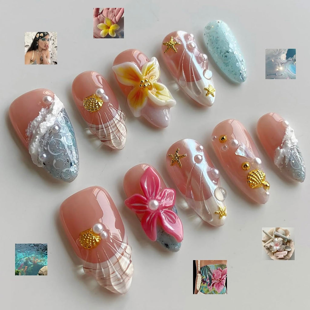MABKJLF Luxury Press On Nails – Medium Almond French Tip, 3D Floral Design