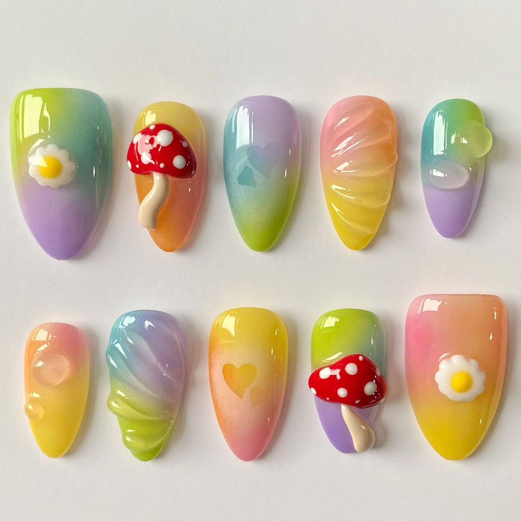MABKJLF Handmade Short Almond 3D Press-On Nails – Reusable ABS, Full Kit Included