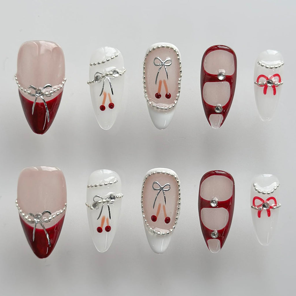 MABKJLF Luxury Press On Nails — Medium Almond, 3D Design, Reusable ABS, Glossy French Tip
