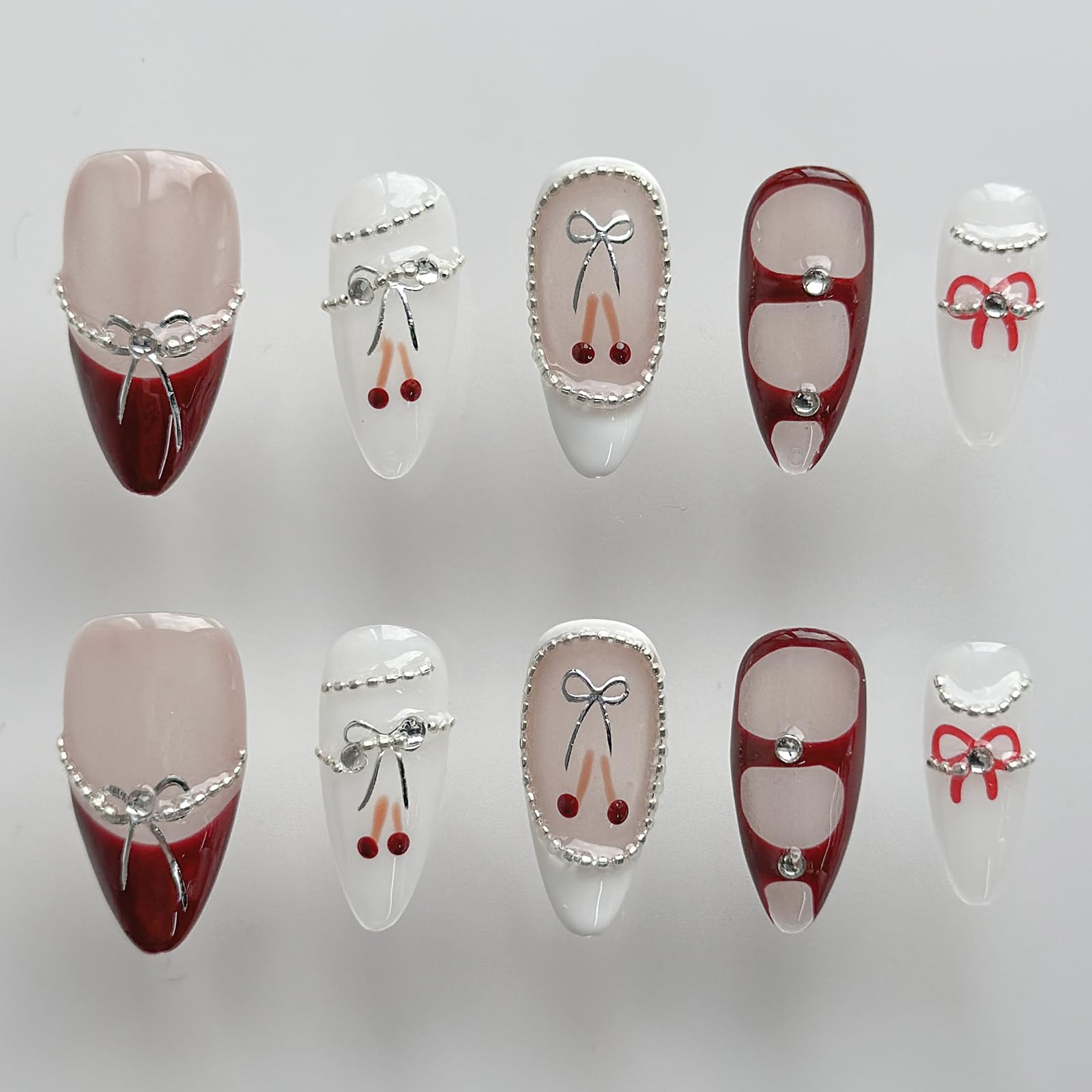 MABKJLF Luxury Press On Nails — Medium Almond, 3D Design, Reusable ABS, Glossy French Tip